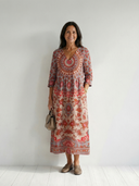 Women's Medallion Print Maxi – V Neck 3/4 Sleeve Gathered Waist Pocket Casual Summer Dress