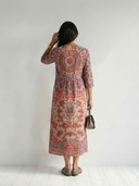 Women's Medallion Print Maxi – V Neck 3/4 Sleeve Gathered Waist Pocket Casual Summer Dress