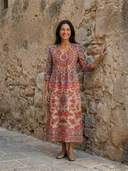 Women's Medallion Print Maxi – V Neck 3/4 Sleeve Gathered Waist Pocket Casual Summer Dress
