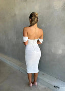 Women's Mesh Off Shoulder Midi Dress – Ruched Bodycon Wedding Guest Gown
