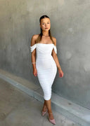 Women's Mesh Off Shoulder Midi Dress – Ruched Bodycon Wedding Guest Gown