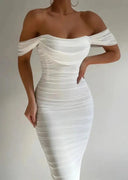 Women's Mesh Off Shoulder Midi Dress – Ruched Bodycon Wedding Guest Gown
