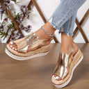 Women's Metallic Cutout Wedge Sandals – Slingback Ankle Strap Open Toe Summer