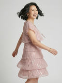 Women's Metallic Dot Print Chiffon Mini – Round Neck Flutter Sleeve Four Tier Wedding Guest Dress
