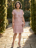 Women's Metallic Dot Print Chiffon Mini – Round Neck Flutter Sleeve Four Tier Wedding Guest Dress