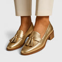 Women's Metallic Tassel Loafers – Round Toe Slip On Block Heel Dress Shoes