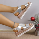 Women's Metallic Wedge Sandals – Buckle Ankle Strap Espadrille Platform Summer Sandals
