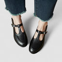 Women's Minimalist T-Bar Mary Jane Flats – Gold Buckle Round Toe Low Heel