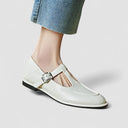 Women's Minimalist T-Bar Mary Jane Flats – Gold Buckle Round Toe Low Heel