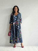 Women's Mixed Floral Dot Print Maxi – Wrap V Neck 3/4 Sleeve Gathered Waist Pocket Dress