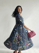 Women's Mixed Floral Dot Print Maxi – Wrap V Neck 3/4 Sleeve Gathered Waist Pocket Dress