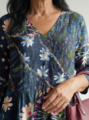 Women's Mixed Floral Dot Print Maxi – Wrap V Neck 3/4 Sleeve Gathered Waist Pocket Dress