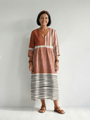 Women's Mixed Stripe Print Maxi – V Neck 3/4 Sleeve Colour Block Gathered Waist Dress