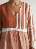 Women's Mixed Stripe Print Maxi – V Neck 3/4 Sleeve Colour Block Gathered Waist Dress