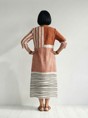 Women's Mixed Stripe Print Maxi – V Neck 3/4 Sleeve Colour Block Gathered Waist Dress