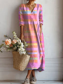 Women's Multicolor Striped Maxi Dress – V Neck Long Sleeve Casual Summer Dress