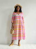 Women's Multicolour Stripe Linen Midi – V Neck 3/4 Sleeve Pocket Relaxed Casual Dress