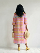 Women's Multicolour Stripe Linen Midi – V Neck 3/4 Sleeve Pocket Relaxed Casual Dress
