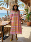 Women's Multicolour Stripe Linen Midi – V Neck 3/4 Sleeve Pocket Relaxed Casual Dress