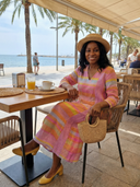 Women's Multicolour Stripe Linen Midi – V Neck 3/4 Sleeve Pocket Relaxed Casual Dress