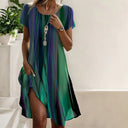 Women's Ombre Stripe Midi – Scoop Neck Short Sleeve Split Hem Summer Dress