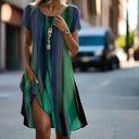 Women's Ombre Stripe Midi – Scoop Neck Short Sleeve Split Hem Summer Dress