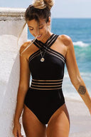 Women's One Piece Swimsuit – Criss Cross Halter Neck Mesh Stripe Monokini