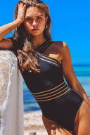 Women's One Piece Swimsuit – Criss Cross Halter Neck Mesh Stripe Monokini