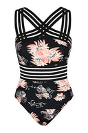 Women's One Piece Swimsuit – Criss Cross Halter Neck Mesh Stripe Monokini