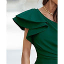 Women's One Shoulder Midi Dress – Ruffle Sleeve Asymmetric Hem Bodycon Formal
