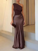 Women's One Shoulder Pleated Maxi Dress – Satin Skirt Formal Wedding Guest