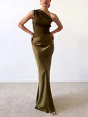 Women's One Shoulder Pleated Maxi Dress – Satin Skirt Formal Wedding Guest