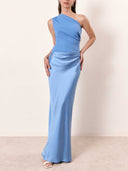 Women's One Shoulder Pleated Maxi Dress – Satin Skirt Formal Wedding Guest