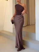 Women's One Shoulder Pleated Maxi Dress – Satin Skirt Formal Wedding Guest