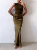 Women's One Shoulder Pleated Maxi Dress – Satin Skirt Formal Wedding Guest