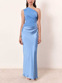Women's One Shoulder Pleated Maxi Dress – Satin Skirt Formal Wedding Guest