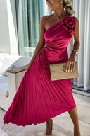 Women's One Shoulder Pleated Midi Dress – Ruched Waist Rosette Detail Event Wear