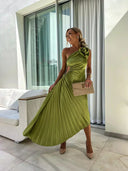 Women's One Shoulder Pleated Midi Dress – Ruched Waist Rosette Detail Event Wear
