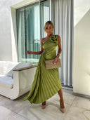 Women's One Shoulder Pleated Midi Dress – Ruched Waist Rosette Detail Event Wear