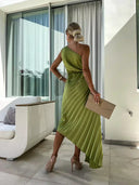 Women's One Shoulder Pleated Midi Dress – Ruched Waist Rosette Detail Event Wear