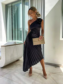 Women's One Shoulder Pleated Midi Dress – Ruched Waist Rosette Detail Event Wear