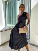 Women's One Shoulder Pleated Midi Dress – Ruched Waist Rosette Detail Event Wear