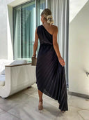 Women's One Shoulder Pleated Midi Dress – Ruched Waist Rosette Detail Event Wear