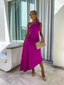 Women's One Shoulder Pleated Midi Dress – Ruched Waist Rosette Detail Event Wear