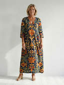 Women's Ornate Floral Print Maxi – V Neck 3/4 Sleeve Button Placket A-Line Casual Dress