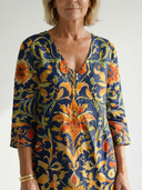 Women's Ornate Floral Print Maxi – V Neck 3/4 Sleeve Button Placket A-Line Casual Dress