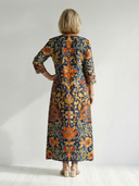 Women's Ornate Floral Print Maxi – V Neck 3/4 Sleeve Button Placket A-Line Casual Dress