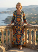 Women's Ornate Floral Print Maxi – V Neck 3/4 Sleeve Button Placket A-Line Casual Dress