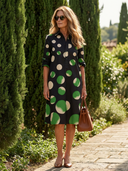 Women's Oversized Polka Dot Shirt Dress – Collared Roll Sleeve Button Front Knee Length