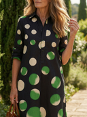 Women's Oversized Polka Dot Shirt Dress – Collared Roll Sleeve Button Front Knee Length